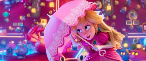 The princess puts up a pink umbrella and finds cover