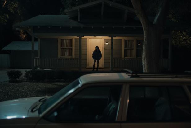 A person stands in the illuminated entrance area of a house at night while a car can be seen in the foreground.