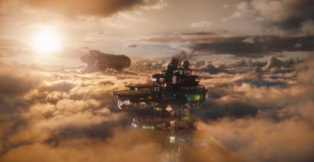 A futuristic, illuminated platform floats above a dense sea of clouds as a spaceship flies by in the golden light of the setting sun.