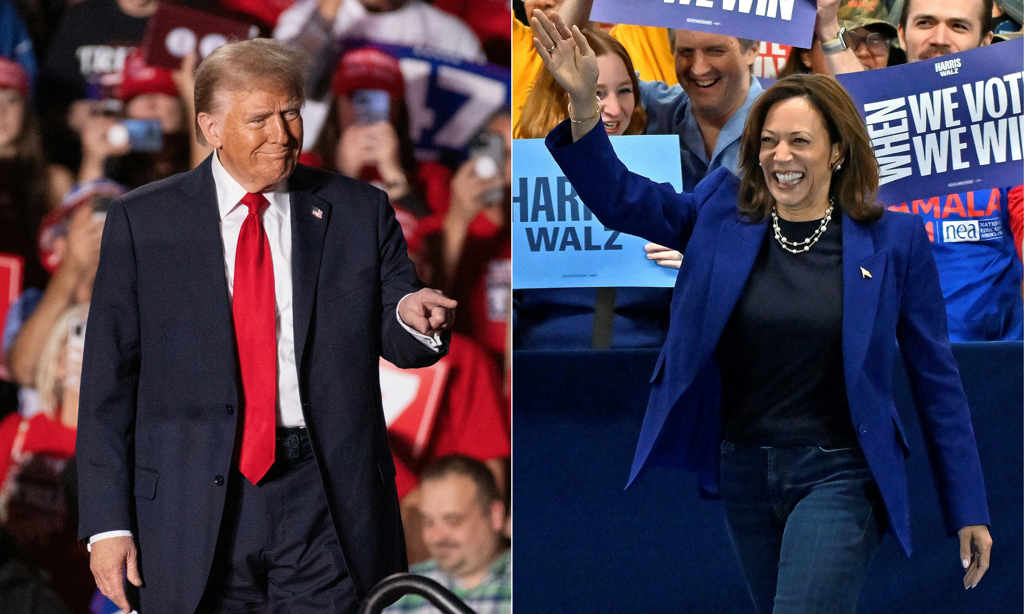 This combination of images shows Republican Donald Trump (L) at a campaign rally in Michigan on Nov. 1, 2024, and Democrat Kamala Harris (R) walks to the stage in Las Vegas, Nevada, on Nov. 31. October 2024.