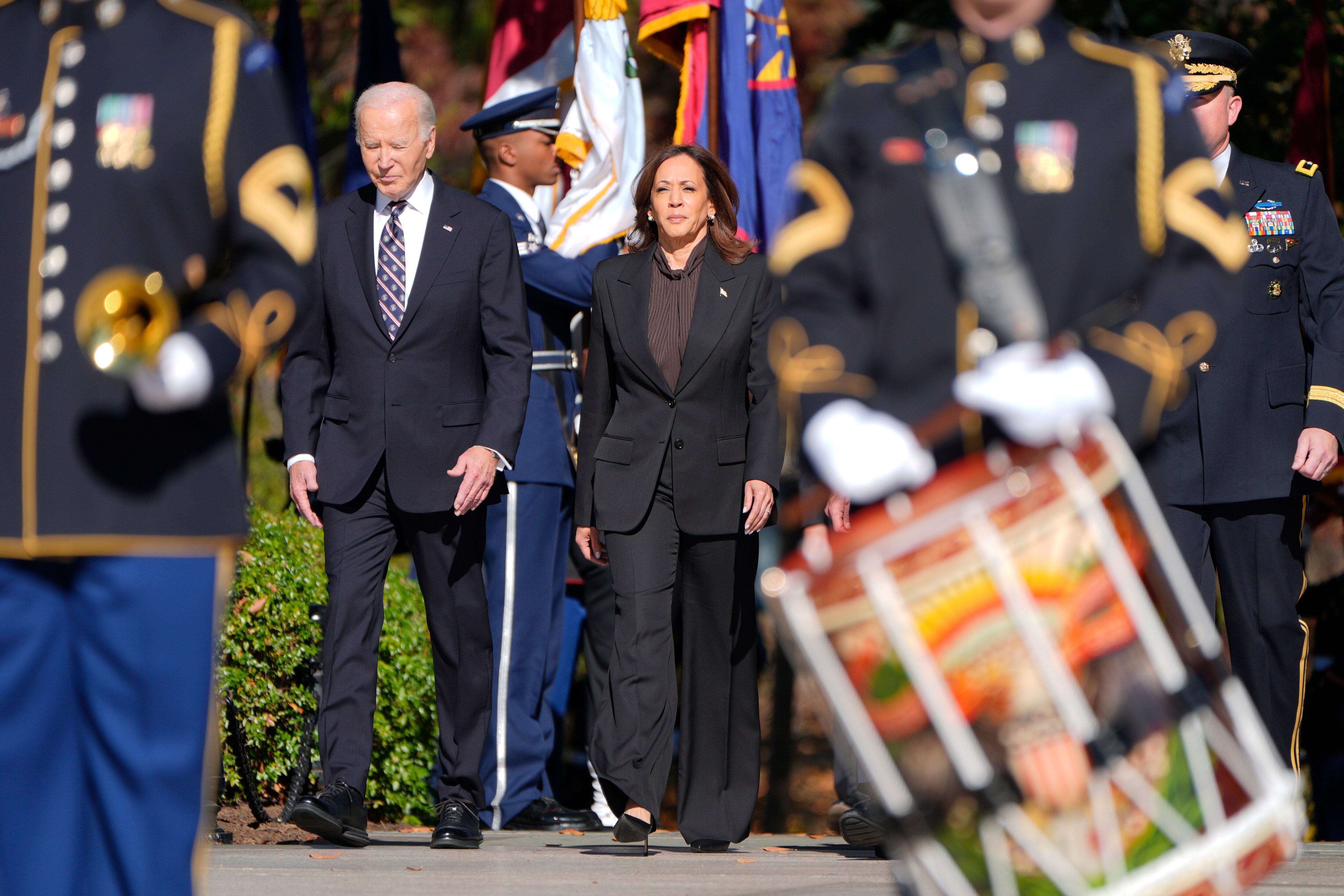 U.S. President Joe Biden and Vice President Kamala Harris arrive at a Veterans Day event at Arlington National Cemetery in Virginia on Nov. 11, 2024. (AP/Mark Schiefelbein)