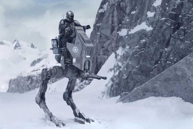 An armored Mandalorian sits on an AT-ST runner in a snowy mountain landscape.