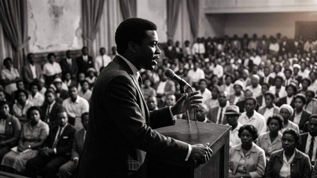 A silhouetted civil rights speaker facing a 1960s audience